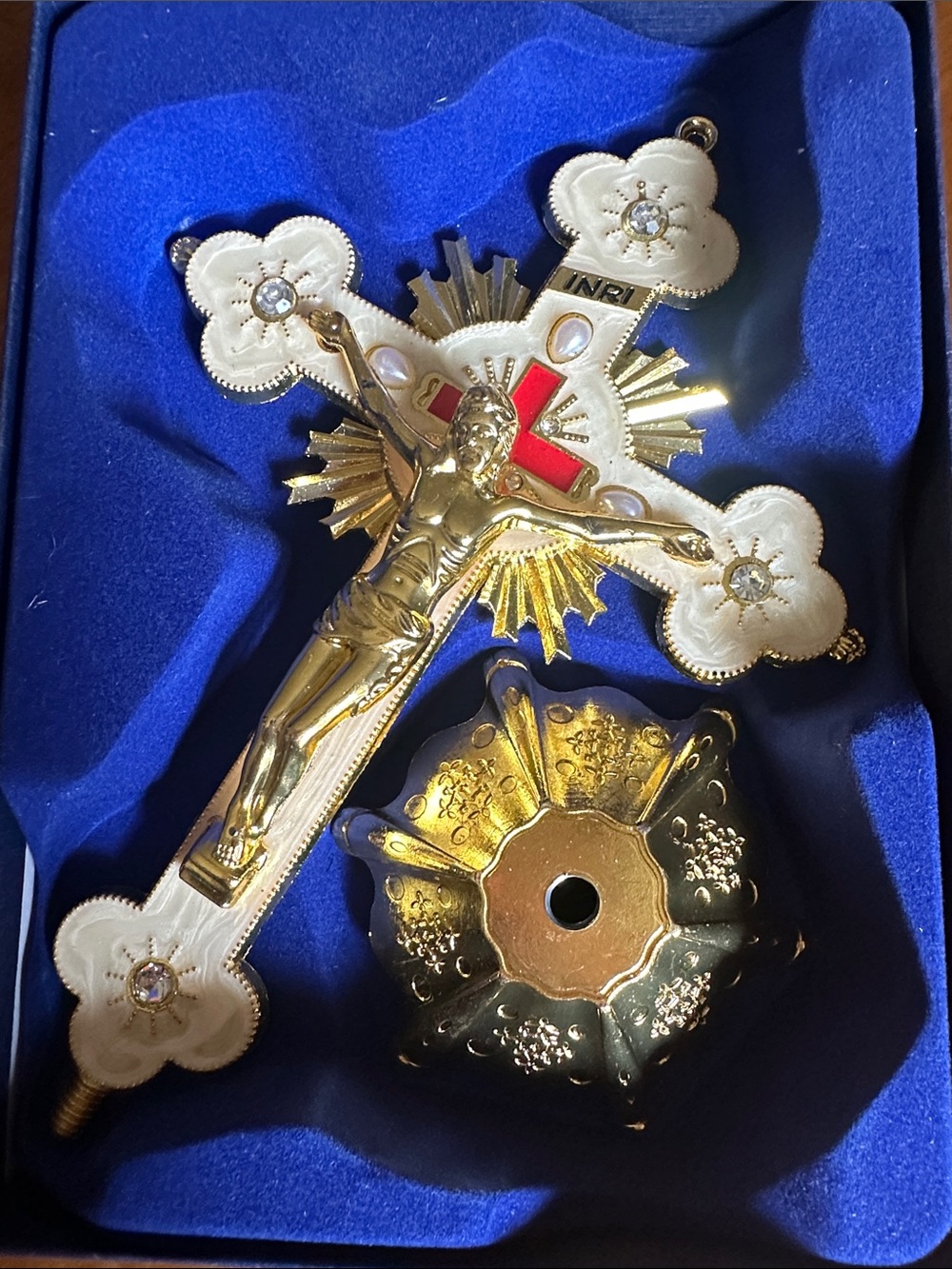 Gold and White Crucifix with Red Accent - Decorative Religious Cross